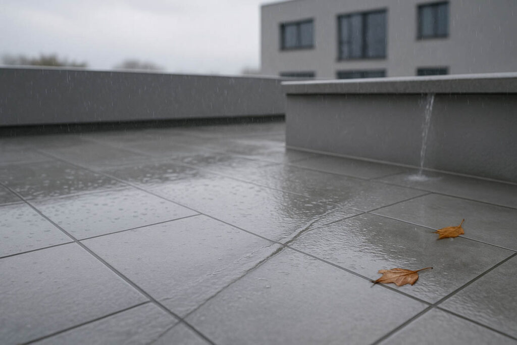 Kiša na krovnoj terasi, voda se slijeva preko sivih ploča prema linearnom odvodu; kapljice i jesenski listovi; moderna zgrada u pozadini