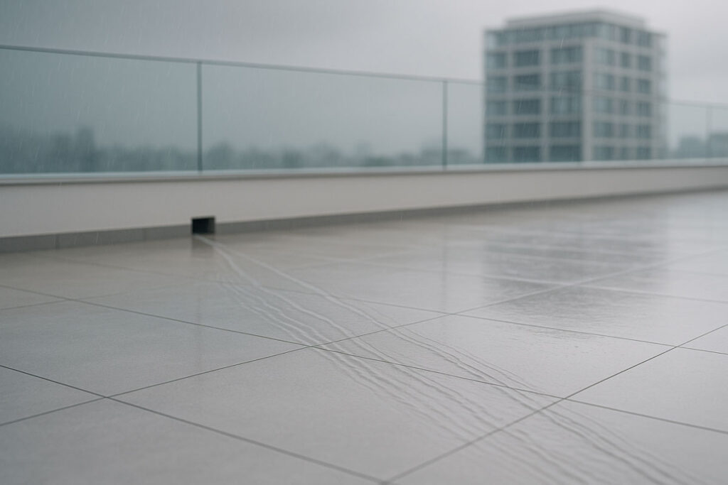 Moderna krovna terasa po kiši, glatke svijetlosive pločice, staklena ograda i voda usmjerena prema diskretnom otvoru za odvodnju